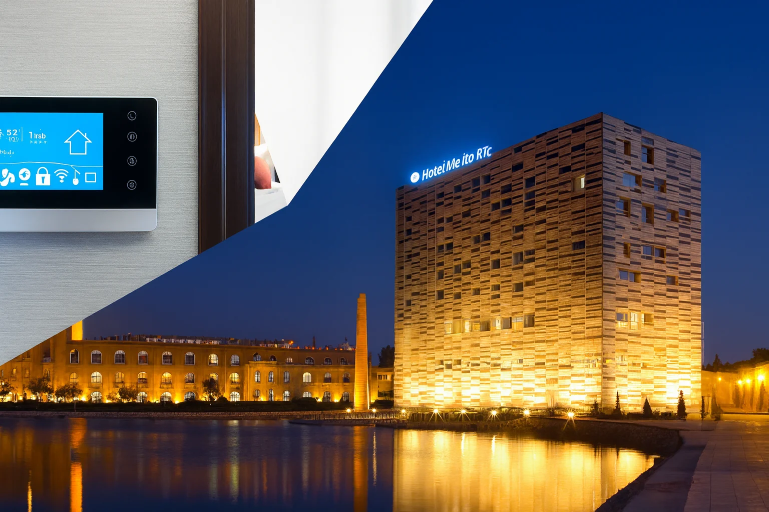 Luxury hotel automation banner showing modern smart room features